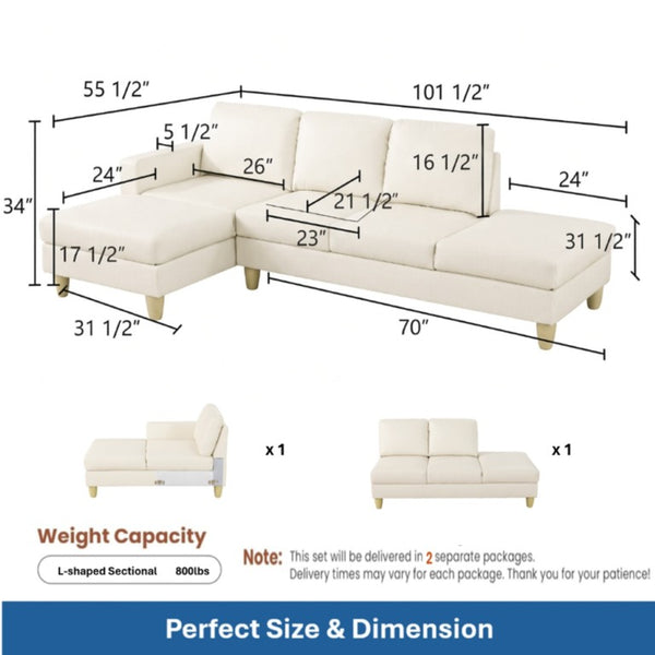 English Elm 101.5 Inch L-Shaped Sectional Sofa with Chaise Ottoman and Hand-Tied Spring Support Beige Faux Leather B082S00171