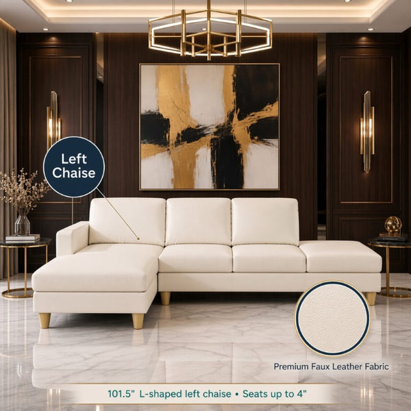 English Elm 101.5 Inch L-Shaped Sectional Sofa with Chaise Ottoman and Hand-Tied Spring Support Beige Faux Leather B082S00171