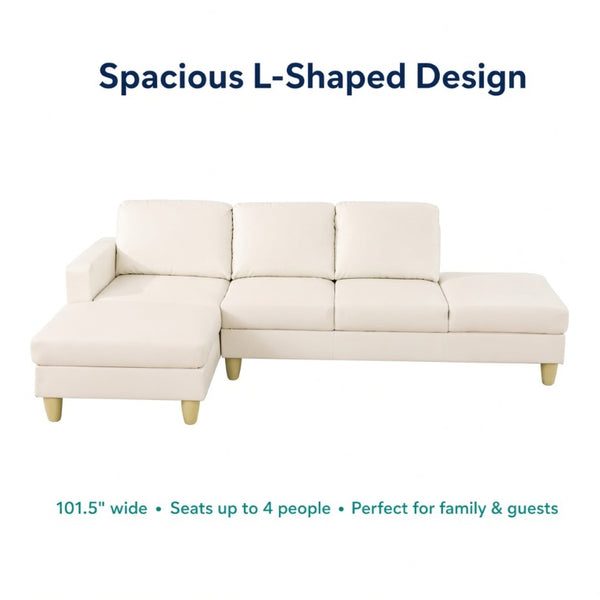 English Elm 101.5 Inch L-Shaped Sectional Sofa with Chaise Ottoman and Hand-Tied Spring Support Beige Faux Leather B082S00171