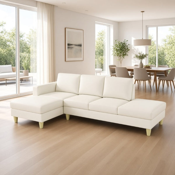 English Elm 101.5 Inch L-Shaped Sectional Sofa with Chaise Ottoman and Hand-Tied Spring Support Beige Faux Leather B082S00171