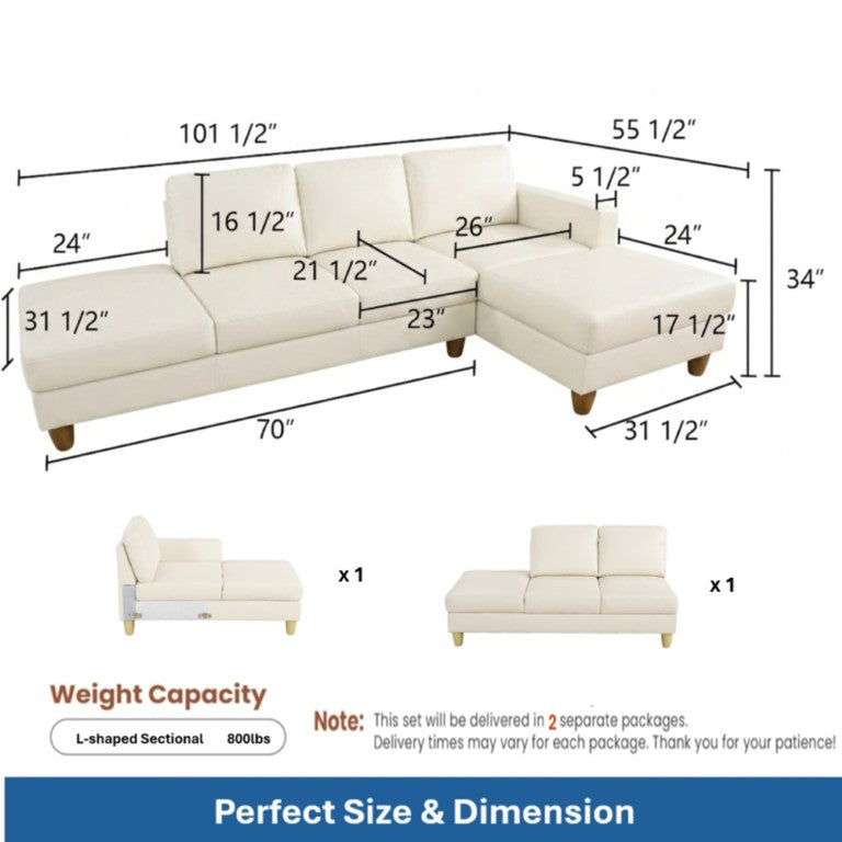 English Elm 101.5 Inch Faux Leather L-Shaped Sectional with Chaise and Ottoman for Family Rooms B082S00172