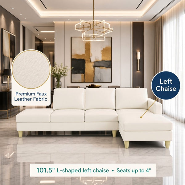 English Elm 101.5 Inch Faux Leather L-Shaped Sectional with Chaise and Ottoman for Family Rooms B082S00172