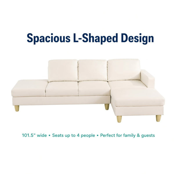 English Elm 101.5 Inch Faux Leather L-Shaped Sectional with Chaise and Ottoman for Family Rooms B082S00172