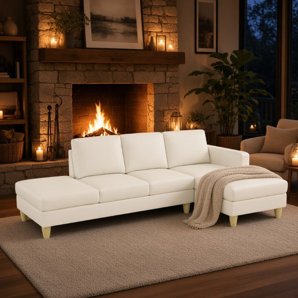 English Elm 101.5 Inch Faux Leather L-Shaped Sectional with Chaise and Ottoman for Family Rooms B082S00172