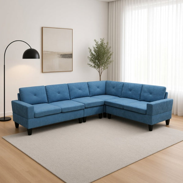 English Elm 95.5 Inch Modular L-Shaped Sectional with Chaise Six Seat Calico Fabric Living Room Sofa Lake Blue Linen B082S00173