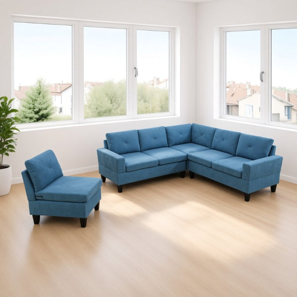 English Elm 95.5 Inch Modular L-Shaped Sectional with Chaise Six Seat Calico Fabric Living Room Sofa Lake Blue Linen B082S00173