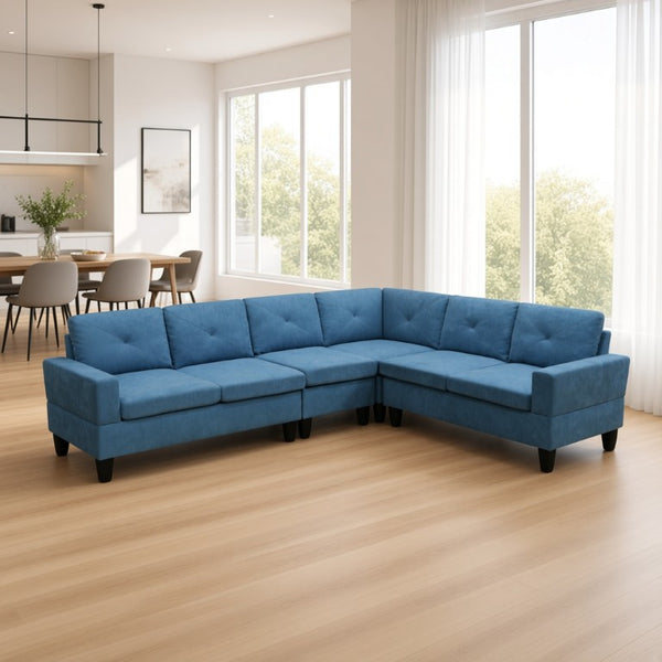 English Elm 95.5 Inch Modular L-Shaped Sectional with Chaise Six Seat Calico Fabric Living Room Sofa Lake Blue Linen B082S00173