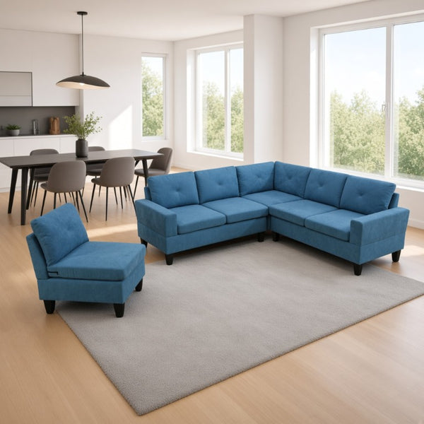 English Elm 95.5 Inch Modular L-Shaped Sectional with Chaise Six Seat Calico Fabric Living Room Sofa Lake Blue Linen B082S00173