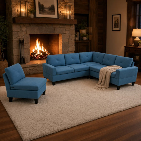 English Elm 95.5 Inch Modular L-Shaped Sectional with Chaise Six Seat Calico Fabric Living Room Sofa Lake Blue Linen B082S00173
