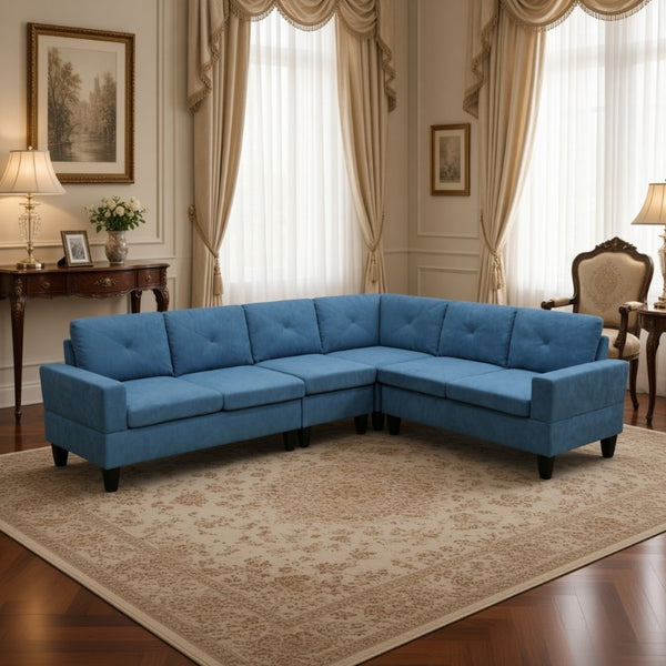 English Elm 95.5 Inch Modular L-Shaped Sectional with Chaise Six Seat Calico Fabric Living Room Sofa Lake Blue Linen B082S00173