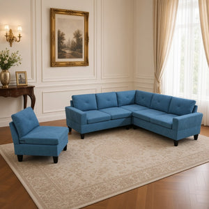 English Elm 95.5 Inch Modular L-Shaped Sectional with Chaise Six Seat Calico Fabric Living Room Sofa Lake Blue Linen B082S00173