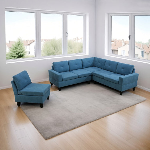 English Elm 95.5 Inch Modular L-Shaped Sectional with Chaise Six Seat Calico Fabric Living Room Sofa Lake Blue Linen B082S00173