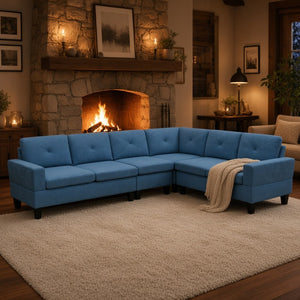English Elm 95.5 Inch Modular L-Shaped Sectional with Chaise Six Seat Calico Fabric Living Room Sofa Lake Blue Linen B082S00173