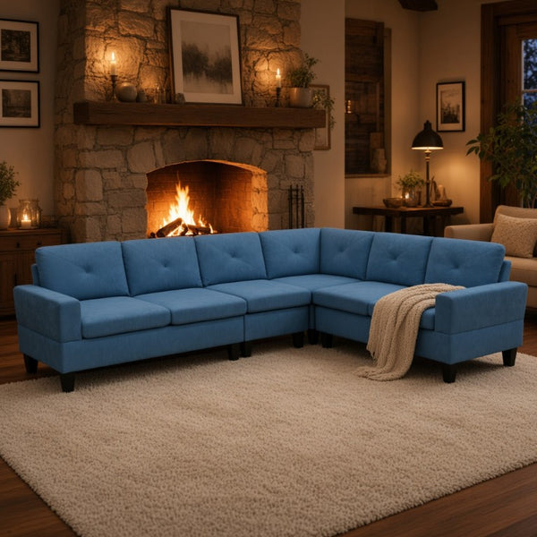 English Elm 95.5 Inch Modular L-Shaped Sectional with Chaise Six Seat Calico Fabric Living Room Sofa Lake Blue Linen B082S00173