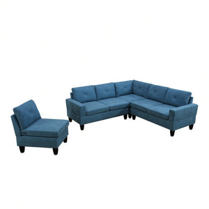 English Elm 95.5 Inch Modular L-Shaped Sectional with Chaise Six Seat Calico Fabric Living Room Sofa Lake Blue Linen B082S00173