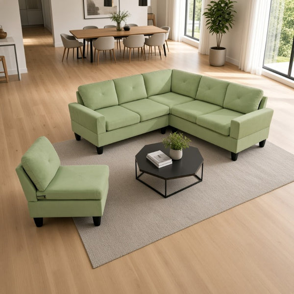 English Elm 95.5 Inch Modular L-Shaped Sectional with Chaise Six Seat Calico Fabric Living Room Sofa Apple Green Flannelette B082S00174