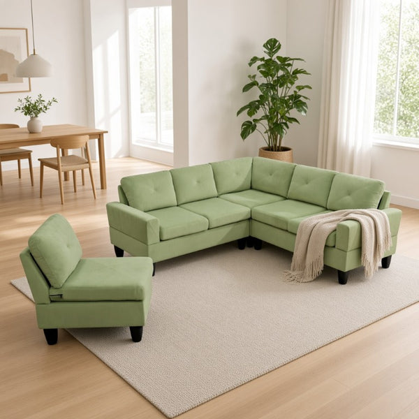 English Elm 95.5 Inch Modular L-Shaped Sectional with Chaise Six Seat Calico Fabric Living Room Sofa Apple Green Flannelette B082S00174