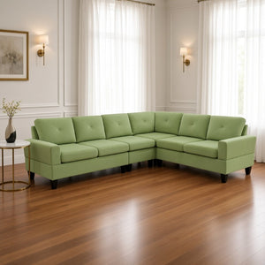English Elm 95.5 Inch Modular L-Shaped Sectional with Chaise Six Seat Calico Fabric Living Room Sofa Apple Green Flannelette B082S00174