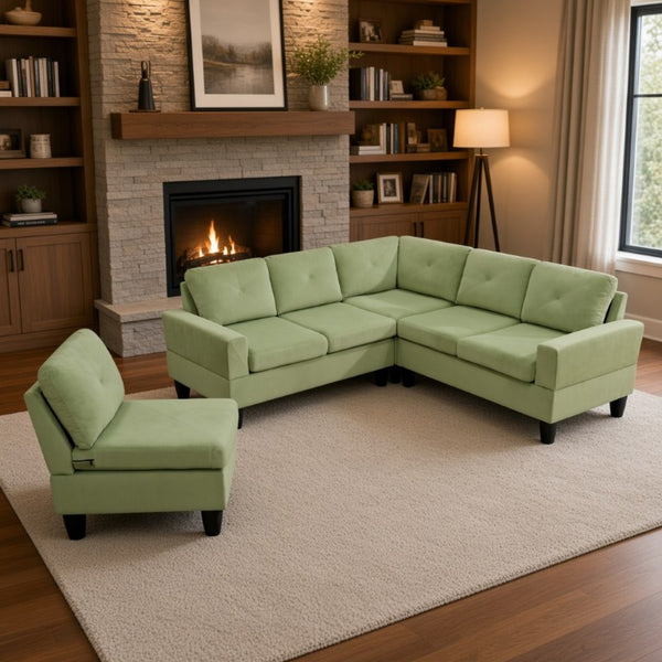 English Elm 95.5 Inch Modular L-Shaped Sectional with Chaise Six Seat Calico Fabric Living Room Sofa Apple Green Flannelette B082S00174
