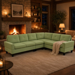 English Elm 95.5 Inch Modular L-Shaped Sectional with Chaise Six Seat Calico Fabric Living Room Sofa Apple Green Flannelette B082S00174
