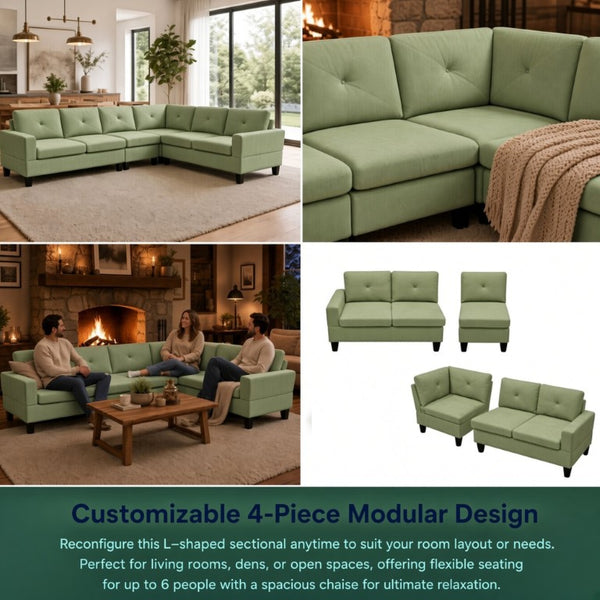 English Elm 95.5 Inch Modular L-Shaped Sectional with Chaise Six Seat Calico Fabric Living Room Sofa Apple Green Flannelette B082S00174