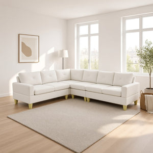 English Elm 95.5 Inch Modular L-Shaped Sectional with Chaise Six Seat Calico Fabric Living Room Sofa Beige Flannelette B082S00175