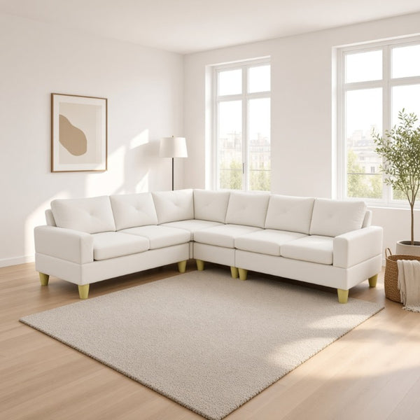 English Elm 95.5 Inch Modular L-Shaped Sectional with Chaise Six Seat Calico Fabric Living Room Sofa Beige Flannelette B082S00175