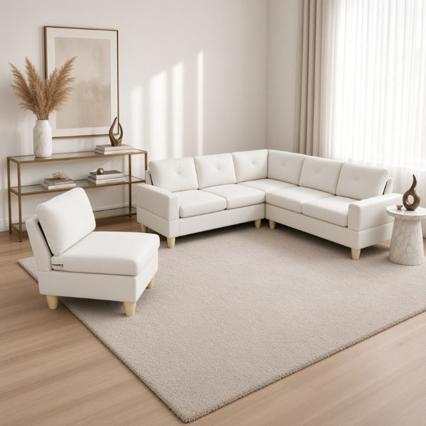 English Elm 95.5 Inch Modular L-Shaped Sectional with Chaise Six Seat Calico Fabric Living Room Sofa Beige Flannelette B082S00175