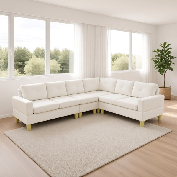 English Elm 95.5 Inch Modular L-Shaped Sectional with Chaise Six Seat Calico Fabric Living Room Sofa Beige Flannelette B082S00175