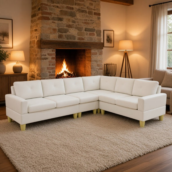 English Elm 95.5 Inch Modular L-Shaped Sectional with Chaise Six Seat Calico Fabric Living Room Sofa Beige Flannelette B082S00175