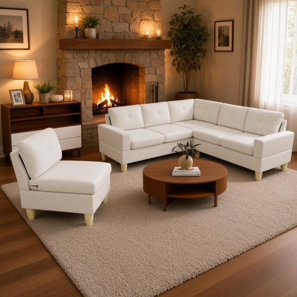 English Elm 95.5 Inch Modular L-Shaped Sectional with Chaise Six Seat Calico Fabric Living Room Sofa Beige Flannelette B082S00175