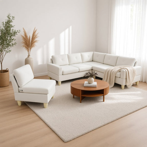 English Elm 95.5 Inch Modular L-Shaped Sectional with Chaise Six Seat Calico Fabric Living Room Sofa Beige Flannelette B082S00175