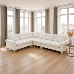 English Elm 95.5 Inch Modular L-Shaped Sectional with Chaise Six Seat Calico Fabric Living Room Sofa Beige Flannelette B082S00175