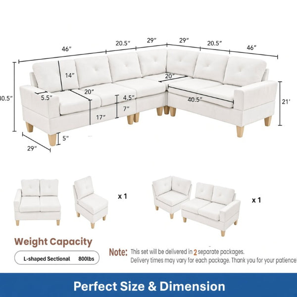 English Elm 95.5 Inch Modular L-Shaped Sectional with Chaise Six Seat Calico Fabric Living Room Sofa Beige Flannelette B082S00175