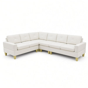 English Elm 95.5 Inch Modular L-Shaped Sectional with Chaise Six Seat Calico Fabric Living Room Sofa Beige Flannelette B082S00175