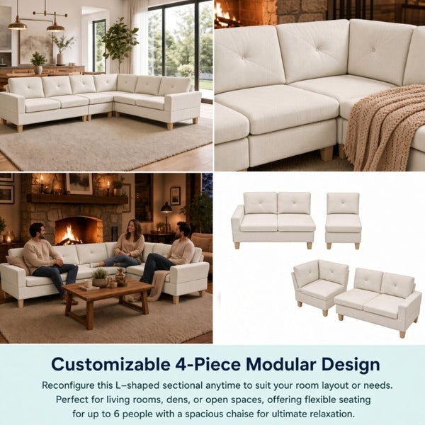 English Elm 95.5 Inch Modular L-Shaped Sectional with Chaise Six Seat Calico Fabric Living Room Sofa Beige Flannelette B082S00175