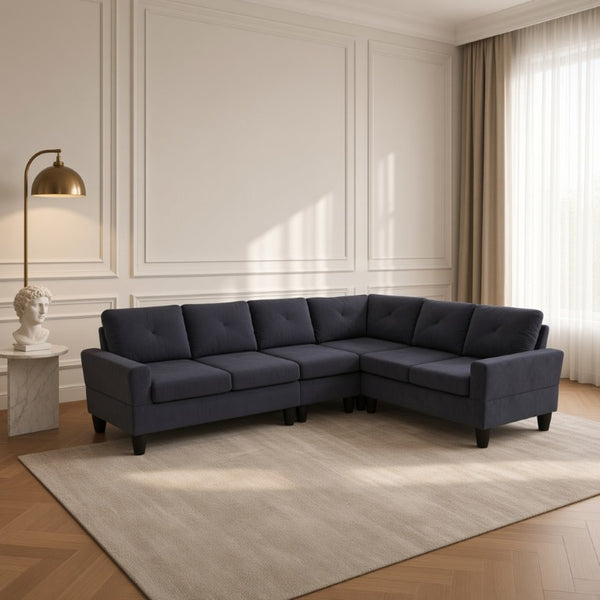 English Elm 95.5 Inch Modular L-Shaped Sectional with Chaise Six Seat Calico Fabric Living Room Sofa Dark Grey Flannelette B082S00176