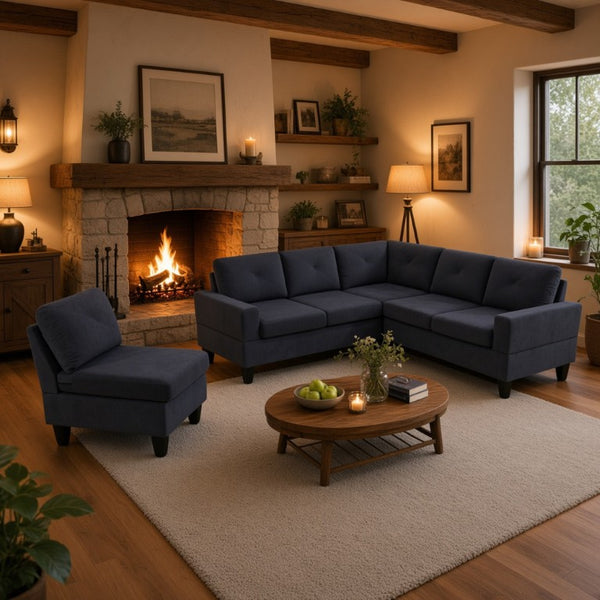 English Elm 95.5 Inch Modular L-Shaped Sectional with Chaise Six Seat Calico Fabric Living Room Sofa Dark Grey Flannelette B082S00176