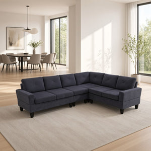 English Elm 95.5 Inch Modular L-Shaped Sectional with Chaise Six Seat Calico Fabric Living Room Sofa Dark Grey Flannelette B082S00176