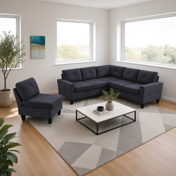 English Elm 95.5 Inch Modular L-Shaped Sectional with Chaise Six Seat Calico Fabric Living Room Sofa Dark Grey Flannelette B082S00176