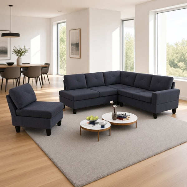 English Elm 95.5 Inch Modular L-Shaped Sectional with Chaise Six Seat Calico Fabric Living Room Sofa Dark Grey Flannelette B082S00176