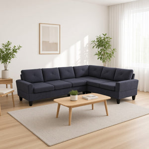 English Elm 95.5 Inch Modular L-Shaped Sectional with Chaise Six Seat Calico Fabric Living Room Sofa Dark Grey Flannelette B082S00176