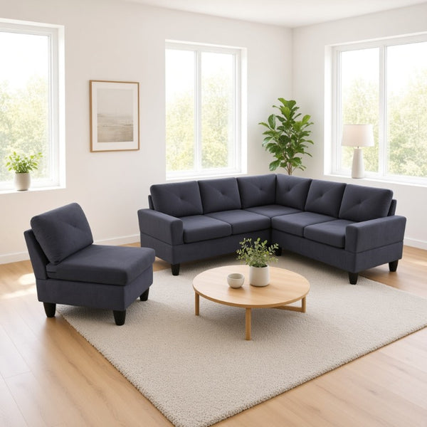 English Elm 95.5 Inch Modular L-Shaped Sectional with Chaise Six Seat Calico Fabric Living Room Sofa Dark Grey Flannelette B082S00176