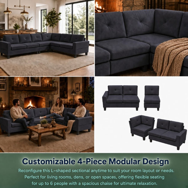 English Elm 95.5 Inch Modular L-Shaped Sectional with Chaise Six Seat Calico Fabric Living Room Sofa Dark Grey Flannelette B082S00176