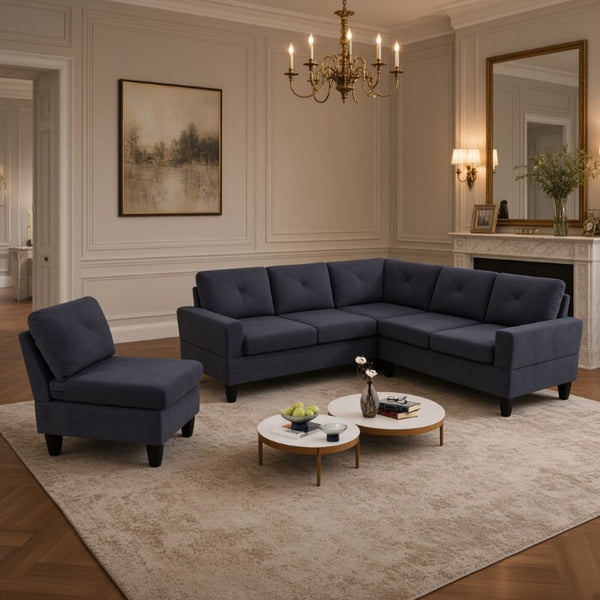 English Elm 95.5 Inch Modular L-Shaped Sectional with Chaise Six Seat Calico Fabric Living Room Sofa Dark Grey Flannelette B082S00176