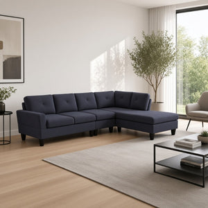 English Elm 95.5 Inch Modular L-Shaped Sectional with Chaise Six Seat Calico Fabric Living Room Sofa Dark Grey Flannelette B082S00176