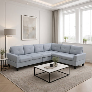 English Elm 95.5 Inch Modular L-Shaped Sectional with Chaise Six Seat Calico Fabric Living Room Sofa Grey Linen B082S00178