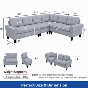 English Elm 95.5 Inch Modular L-Shaped Sectional with Chaise Six Seat Calico Fabric Living Room Sofa Grey Linen B082S00178