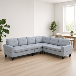 English Elm 95.5 Inch Modular L-Shaped Sectional with Chaise Six Seat Calico Fabric Living Room Sofa Grey Linen B082S00178
