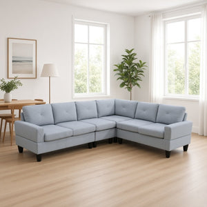 English Elm 95.5 Inch Modular L-Shaped Sectional with Chaise Six Seat Calico Fabric Living Room Sofa Grey Linen B082S00178